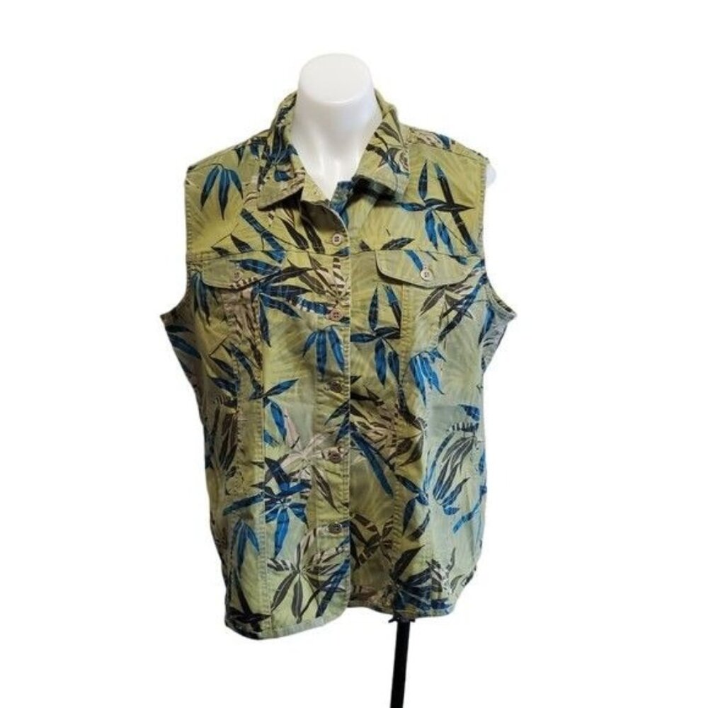 Chico's Button Up Vest Olive Khaki Green Bamboo Leaf Tropical Print Sz 3/16 NWT
